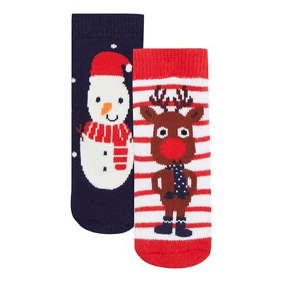 bluezoo Pack of two baby boys' navy snowman and red reindeer socks